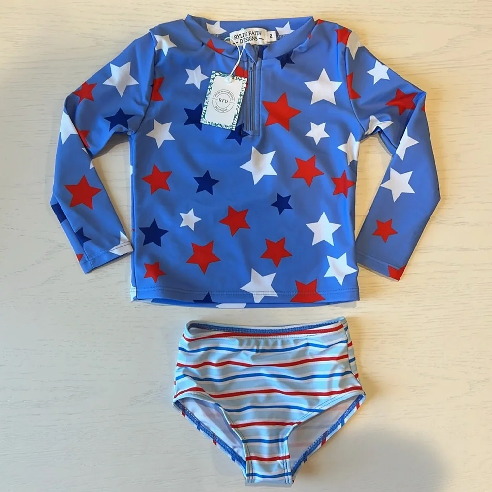 Rylee Faith Stars Stripes Girl Rashguard Swim Set 2 3 4 5 6 7 4th of July